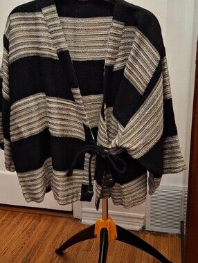 Lucky Brand- Black & Cream Striped Tie-Front Women's Sweater